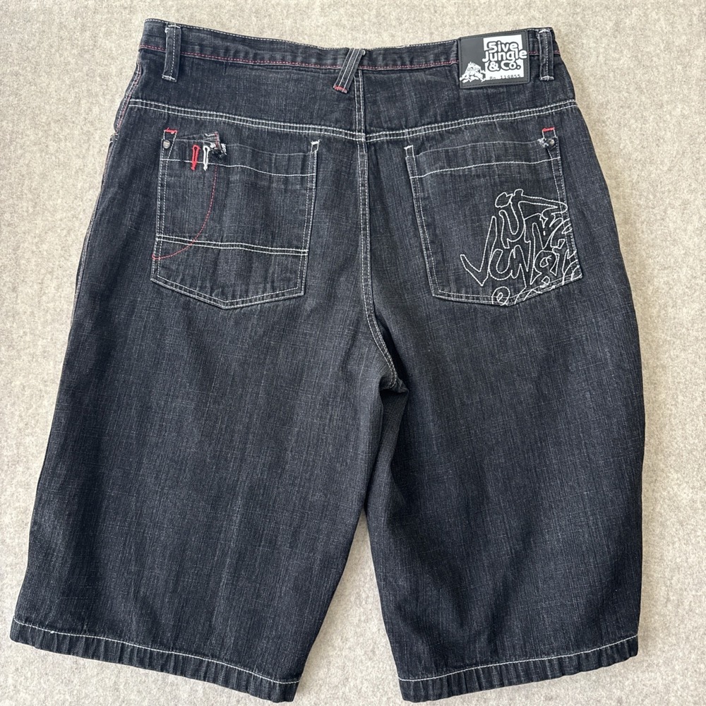 5ive Jungle & Co Denim Shorts Mens 42 Dark Wash Baggy Y2K Jorts Embroidered